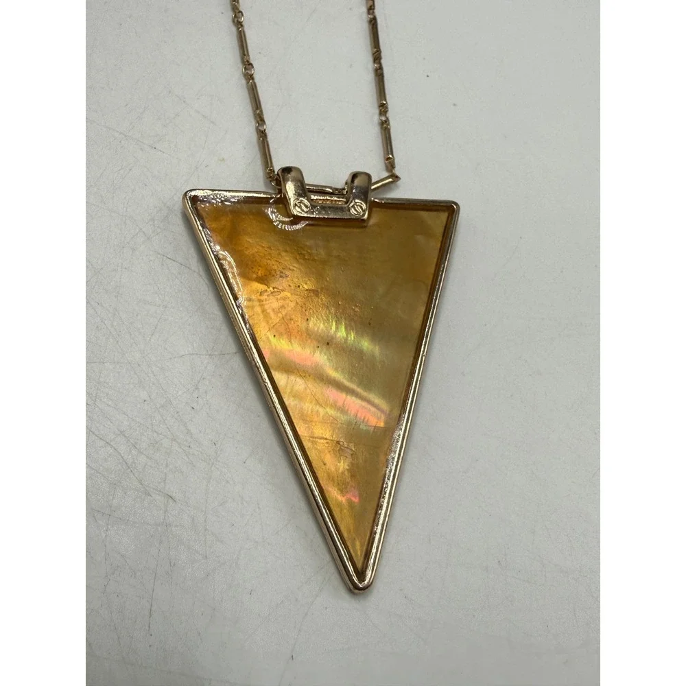 Gold Tone Large Triangle Iridescent Amber Shell Inlay Statement Necklace